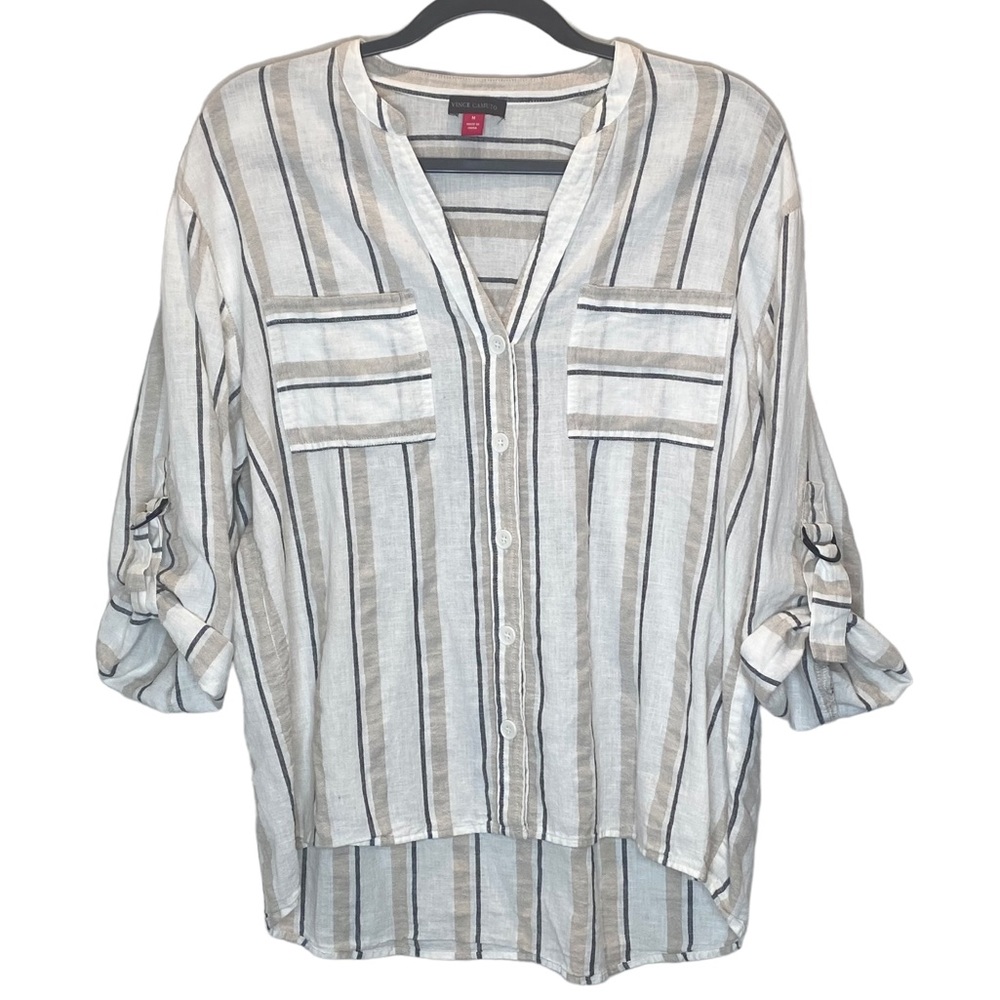 Vince Camuto Linen Stripe Button Down Shirt Size Medium - Picture 3 of 14